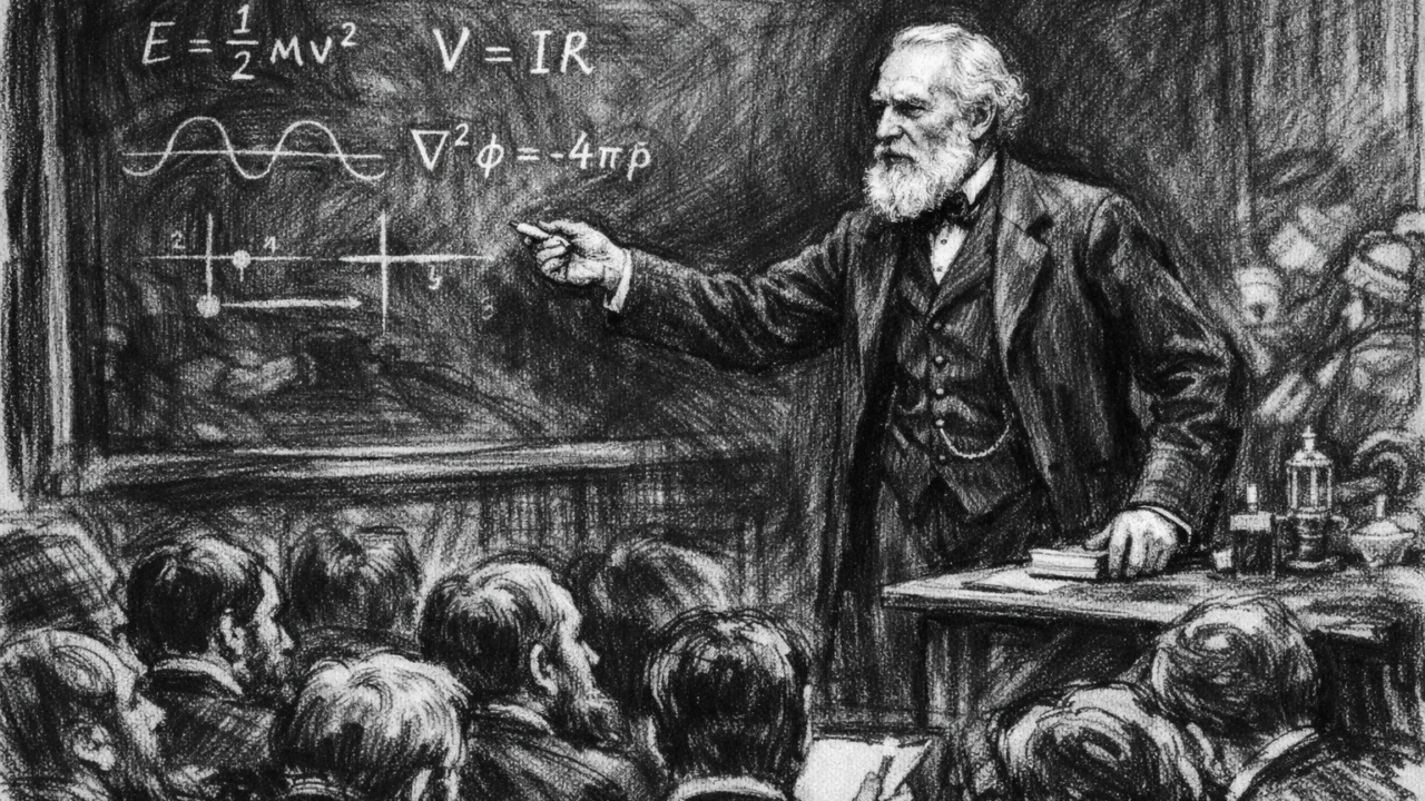 Profesor William Thomson drži predavanje na Sveučilištu u Glasgowu u ugalj stilu, snažan crno-bijeli kontrast.