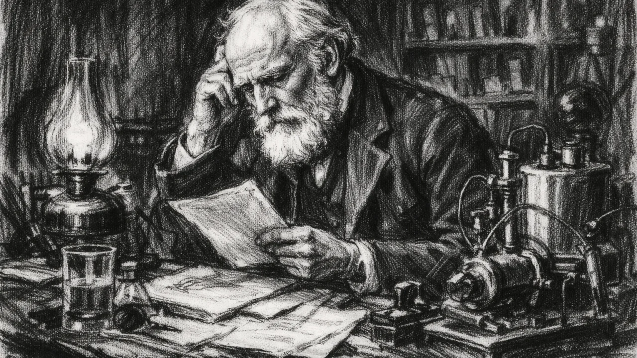 William Thomson tijekom znanstvenog istraživanja prikazan u ugalj stilu, crno-bijela scena s izraženom znanstvenom atmosferom.