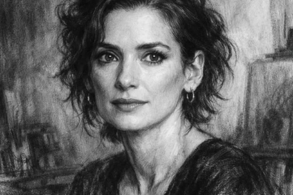 Portret Winone Ryder u ugalj stilu, crno-bijeli portret s naglašenim kontrastom i izražajnim linijama.