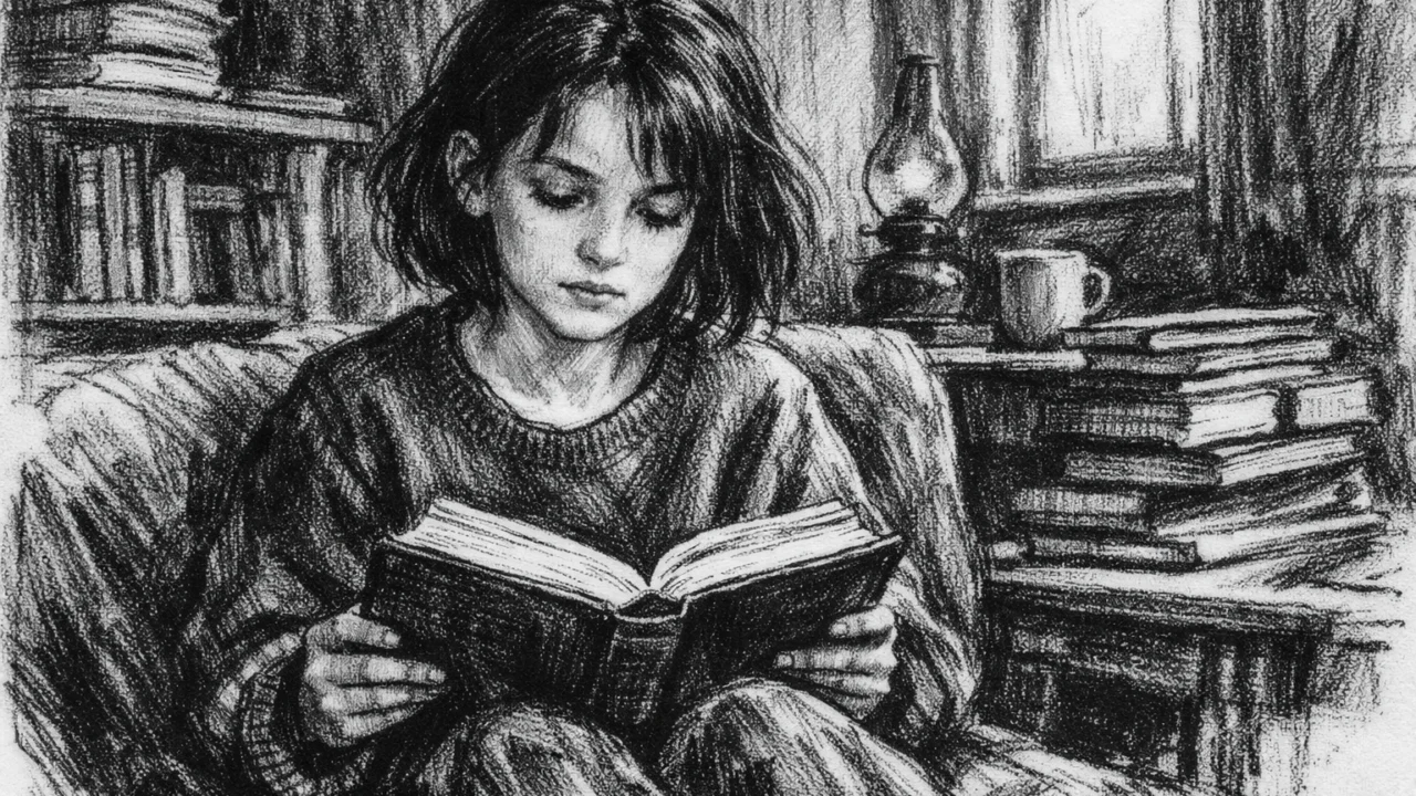 Winona Ryder kao djevojčica dok čita knjige u ugalj stilu, crno-bijela scena iz ranog života.