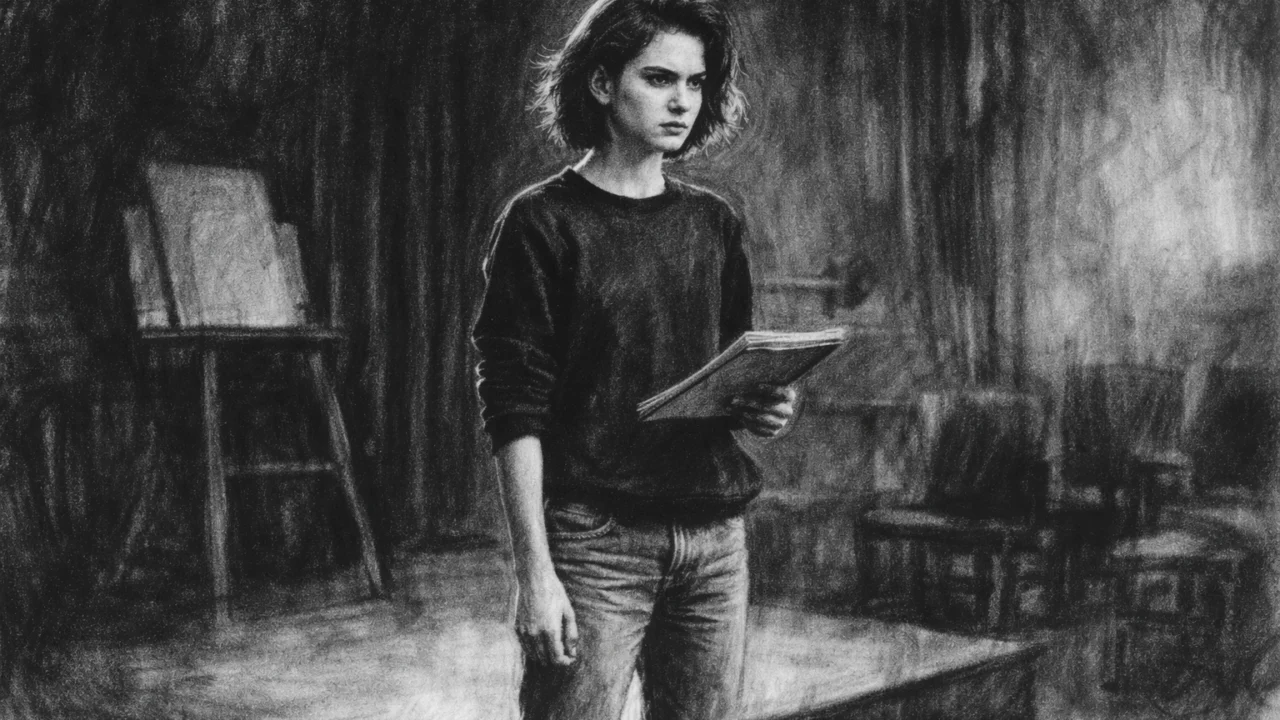 Winona Ryder na glumačkim radionicama u kazalištu, prikaz u ugalj stilu s jakim kontrastima.