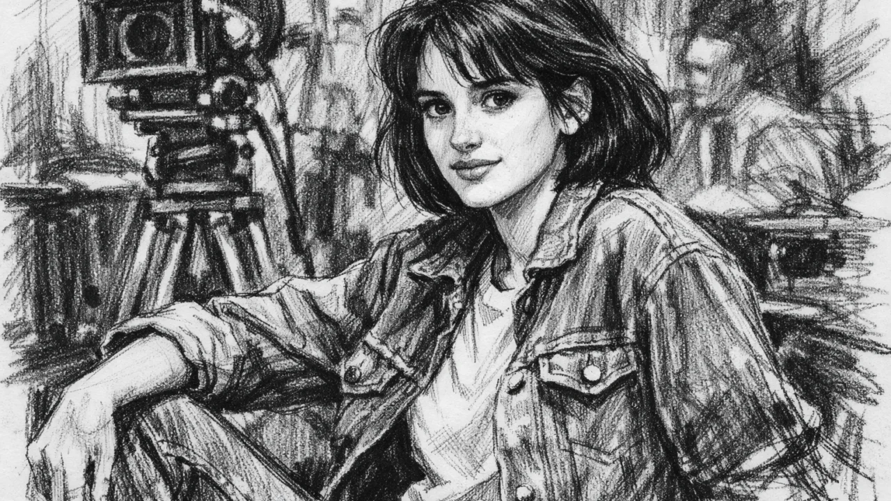Rani filmski dani Winone Ryder prikazani u ugalj stilu, crno-bijeli prikaz s izražajnim linijama.