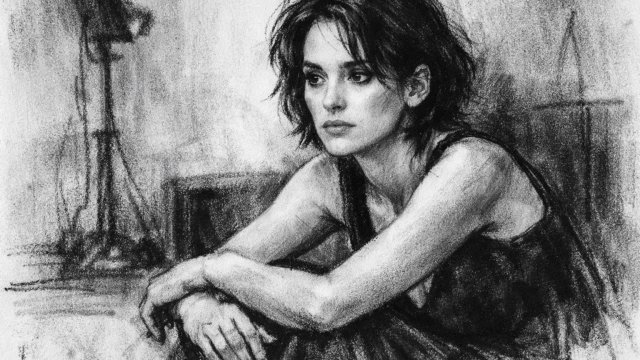 Refleksivni trenutak Winone Ryder između snimanja, ilustriran u ugalj stilu.