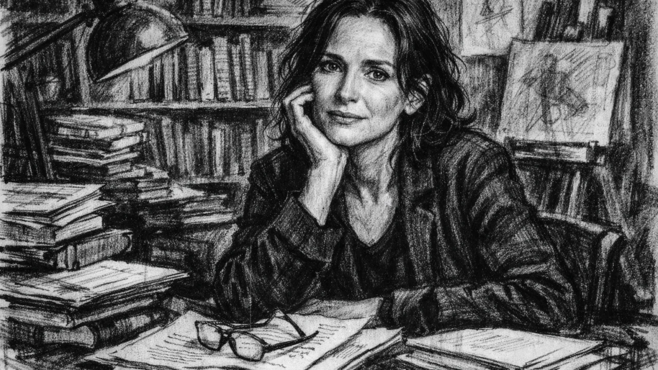 Winona Ryder u mirnom intelektualnom okruženju, prikazana u ugalj stilu s crno-bijelim kontrastom.