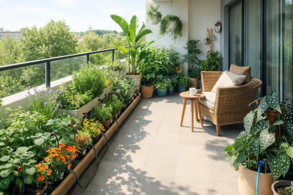 Automatsko zalijevanje balkona s fitilj i kap po kap sustavom na modernom urbanom balkonu