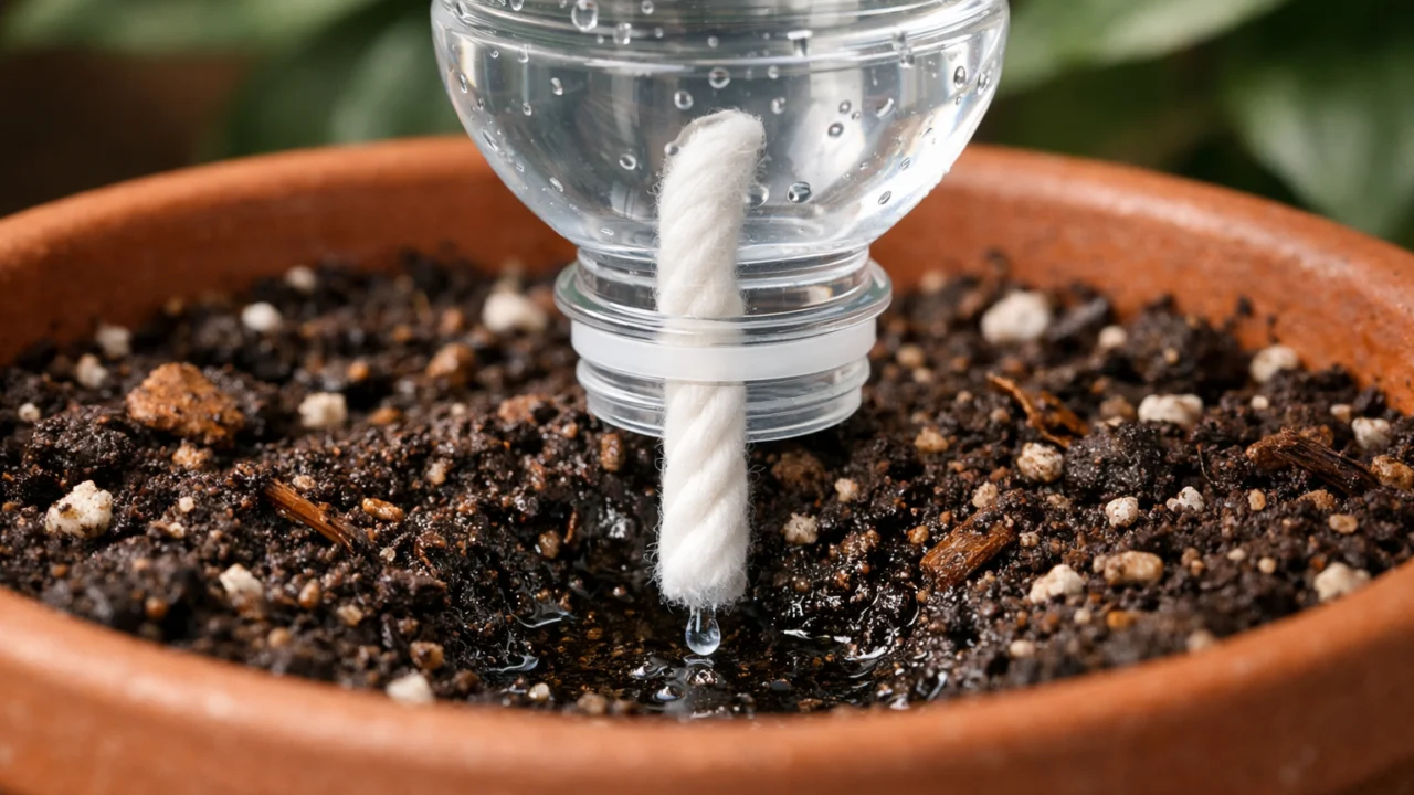 Fitilj sustav zalijevanja biljaka pomoću boce i pamučnog fitilja u tegli na balkonu