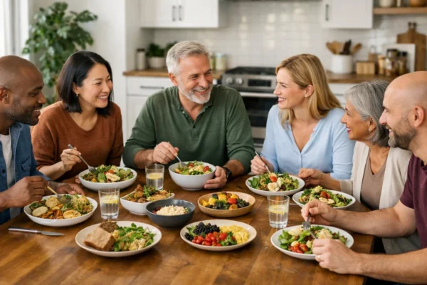 Zdrav odnos prema hrani prikazan kroz opušten zajednički obrok bez dijeta, stresa i perfekcionizma u modernom okruženju