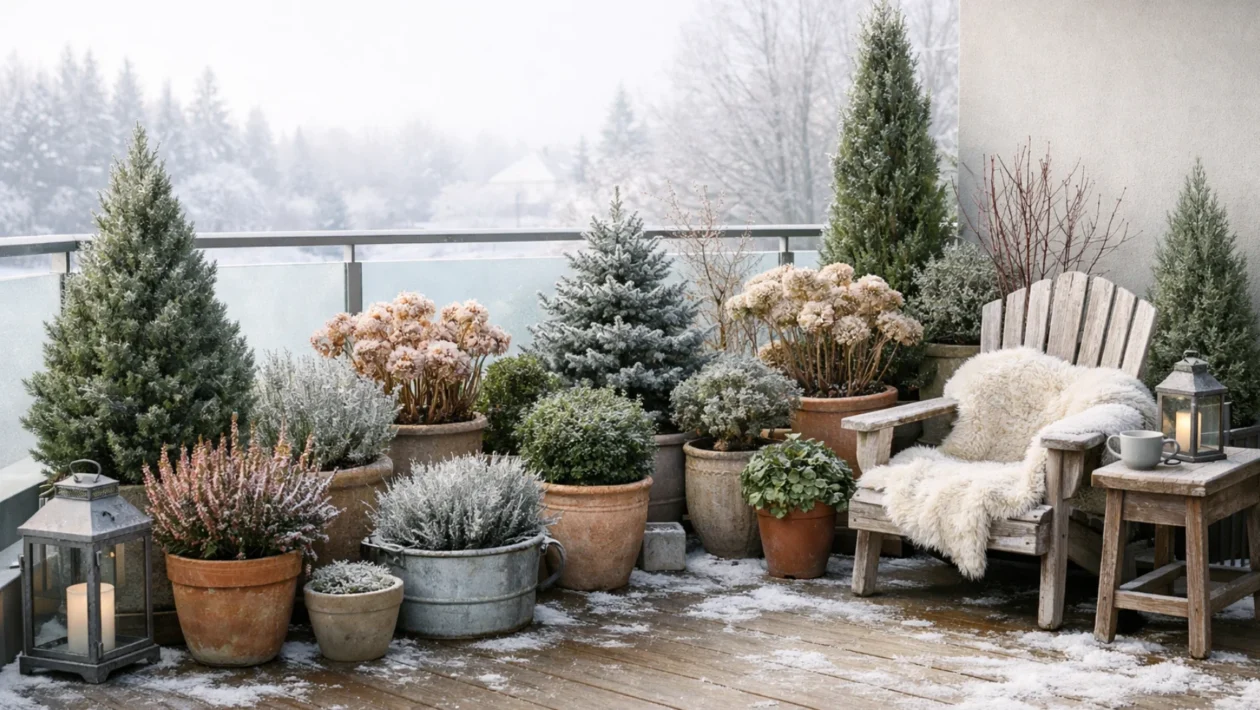 Široki pogled na zimski balkon s biljkama u teglama, prikaz pravilne zimske njege balkonskih biljaka