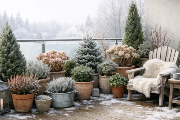 Široki pogled na zimski balkon s biljkama u teglama, prikaz pravilne zimske njege balkonskih biljaka