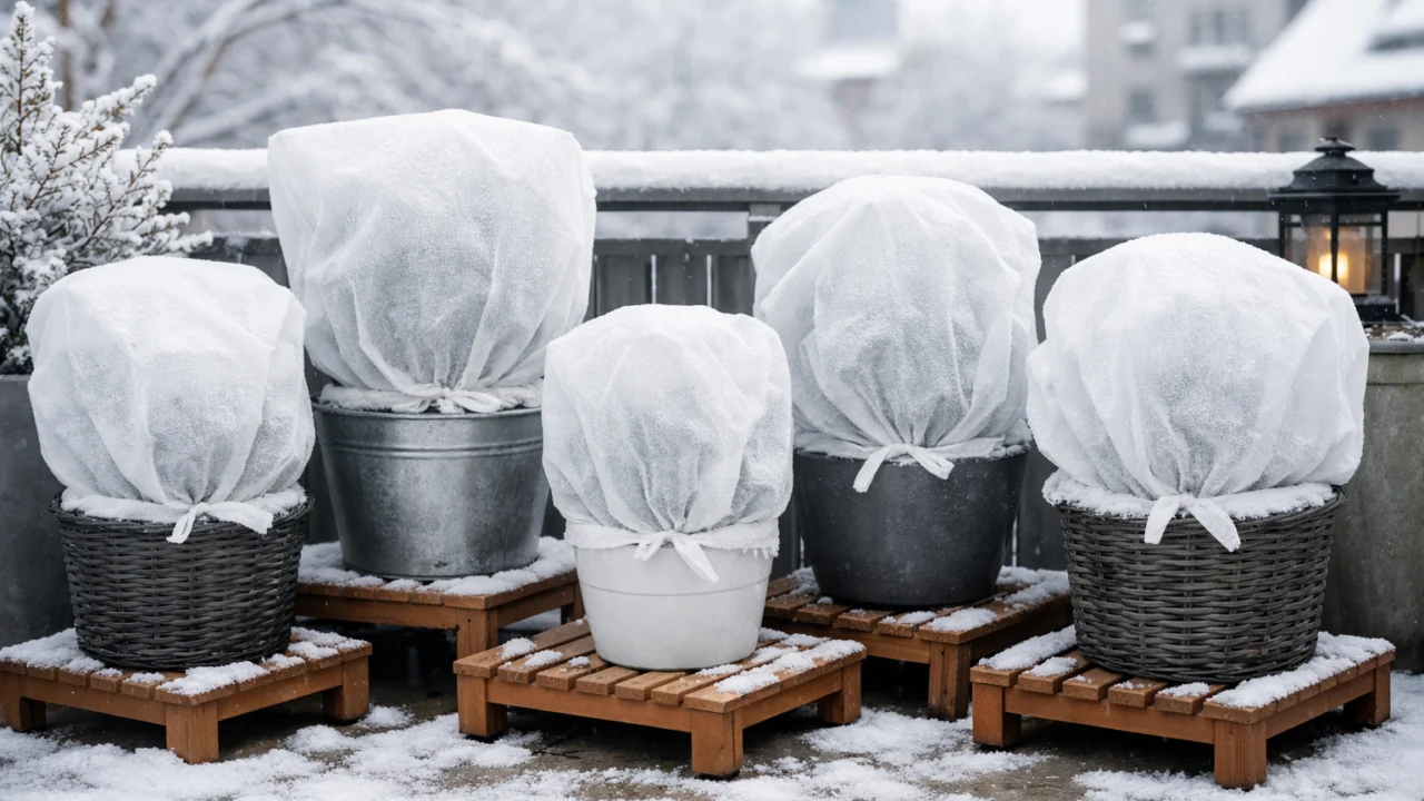 Zaštita osjetljivih balkonskih biljaka agrotekstilom i podignute tegle za zimsku izolaciju