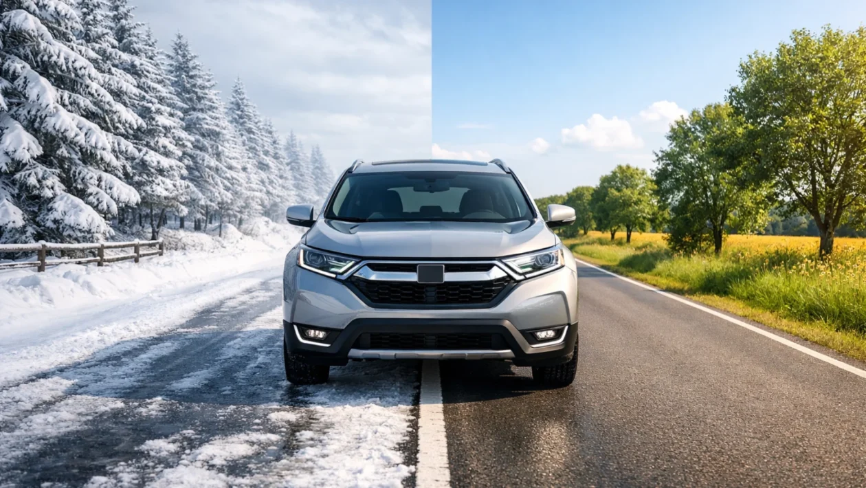 Razlika između zimskih i ljetnih guma prikazana na cesti u zimskim i ljetnim uvjetima vožnje