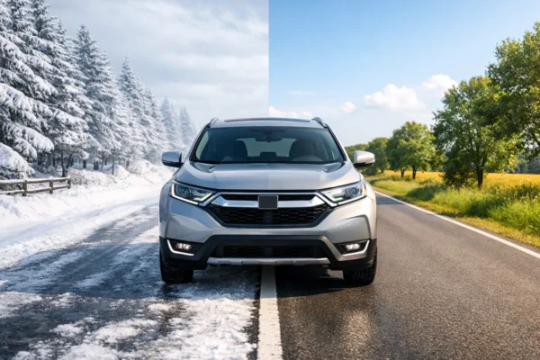 Razlika između zimskih i ljetnih guma prikazana na cesti u zimskim i ljetnim uvjetima vožnje