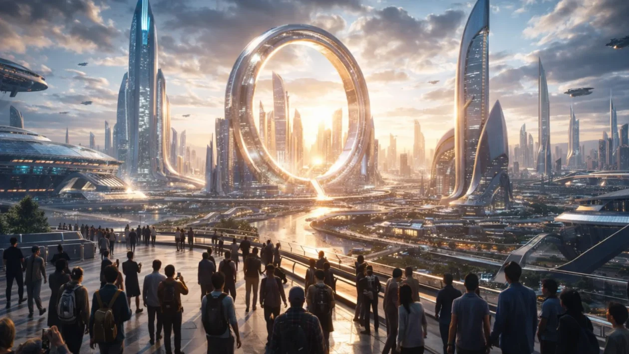 Futuristički grad iz znanstvene fantastike koji prikazuje velike svjetove budućnosti, tehnologiju i društveni razvoj