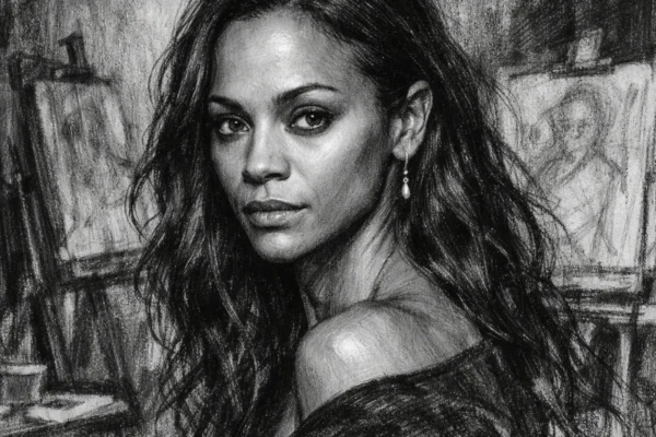 Portret Zoe Saldane izrađen u ugalj stilu s naglašenim kontrastima i izražajnim linijama