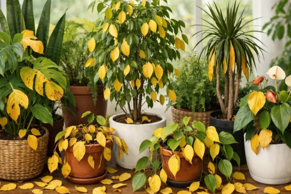 Biljke u vrtu i interijeru s vidljivim žutim mrljama i opadanjem lišća kao uvod u problem nepravilne njege
