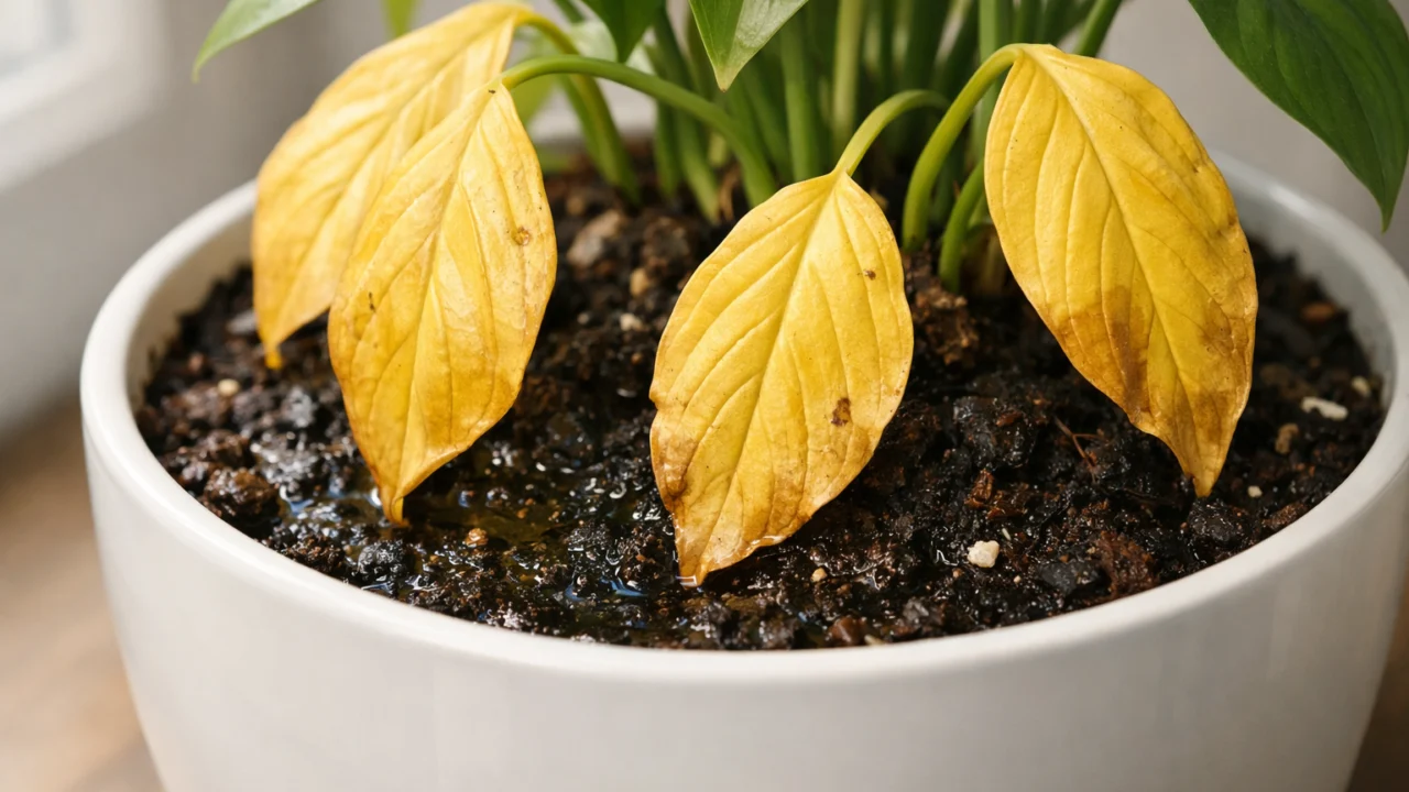 Sobna biljka sa žutim lišćem zbog nepravilnog zalijevanja i previše vlage u tlu