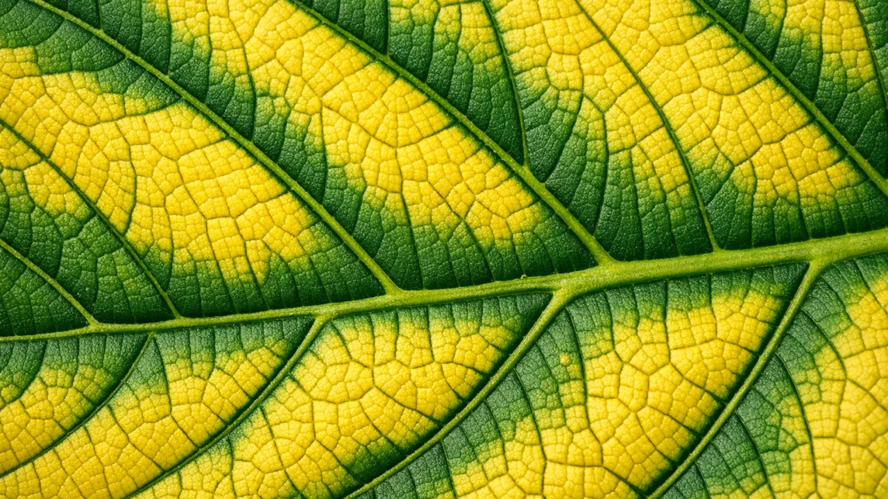 Detalj lista s klorozom – žutilo između žila koje ukazuje na nedostatak hranjiva poput željeza