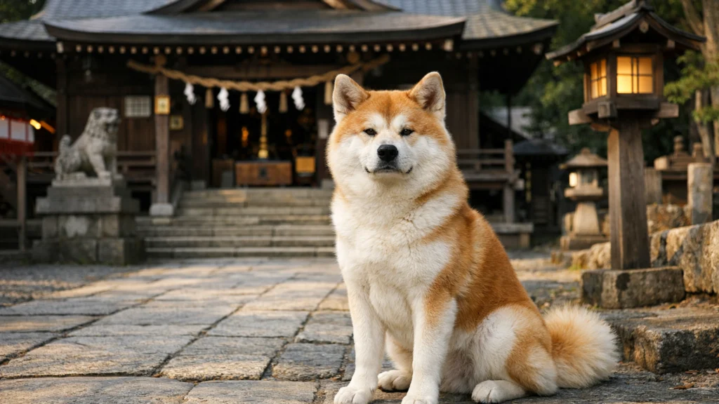 Akita inu ispred tradicionalnog japanskog hrama – simbol japanske kulture