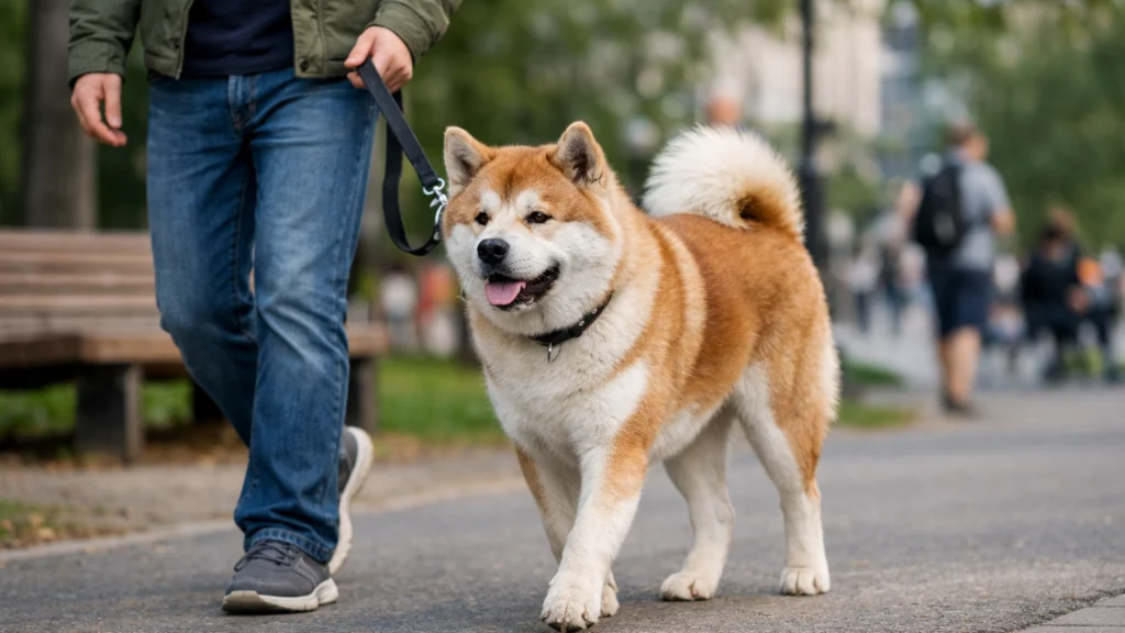 Akita inu u šetnji gradskim parkom s vlasnikom – primjer svakodnevne njege