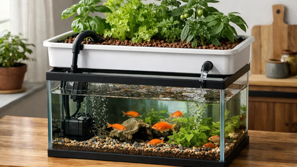 Kućni akvaraponski sustav za početnike s ribama i biljkama