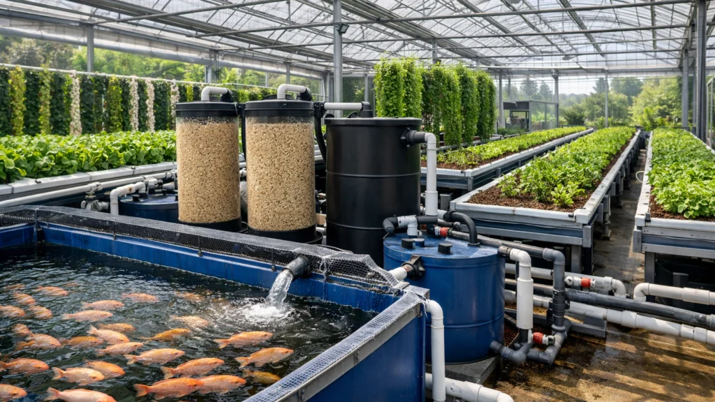 Napredni akvaraponski sustav s više zona i biofilterima