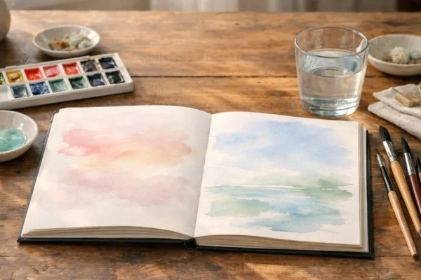 Akvarel tehnike za početnike – radni prostor s akvarelom, kistovima i papirom