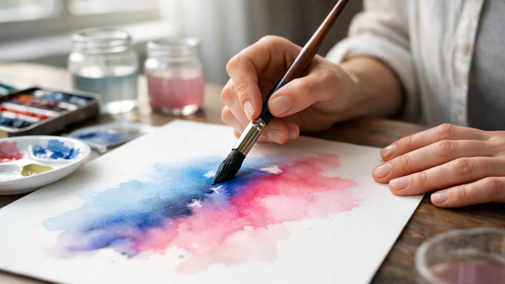 Početnički akvarel s razlijevanjem boje i vodom na papiru