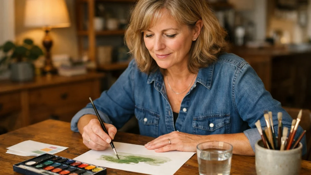 Žena srednjih godina koja prvi put slika akvarelom kod kuće