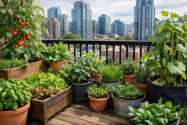 Balkonski vrt u posudama s povrćem i začinskim biljem u urbanom stanu