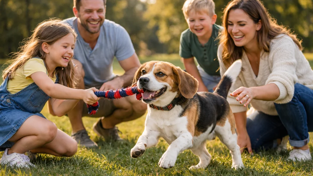 Beagle kao obiteljski pas u igri s djecom i vlasnicima