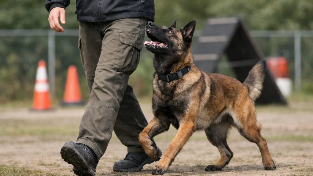 Trening belgijskog ovčara malinoisa s vodičem na otvorenom