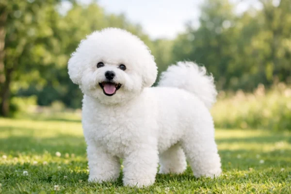 Bichon frise pas na otvorenom, mali bijeli pas vedrog karaktera