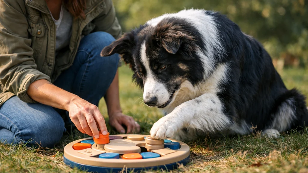 Border collie koji rješava mentalne zadatke uz vlasnika