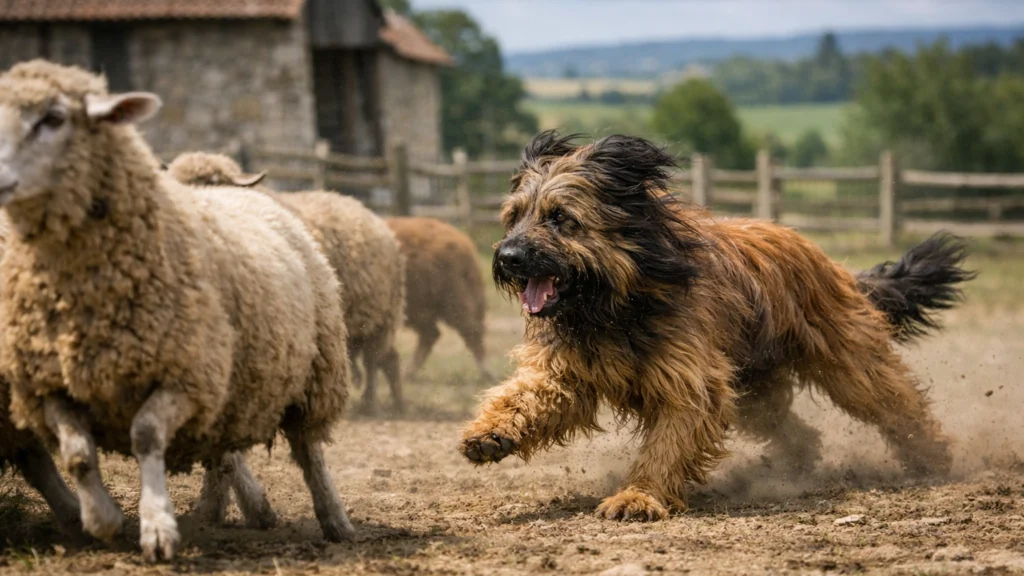 Briard u radu na farmi dok čuva stado ovaca