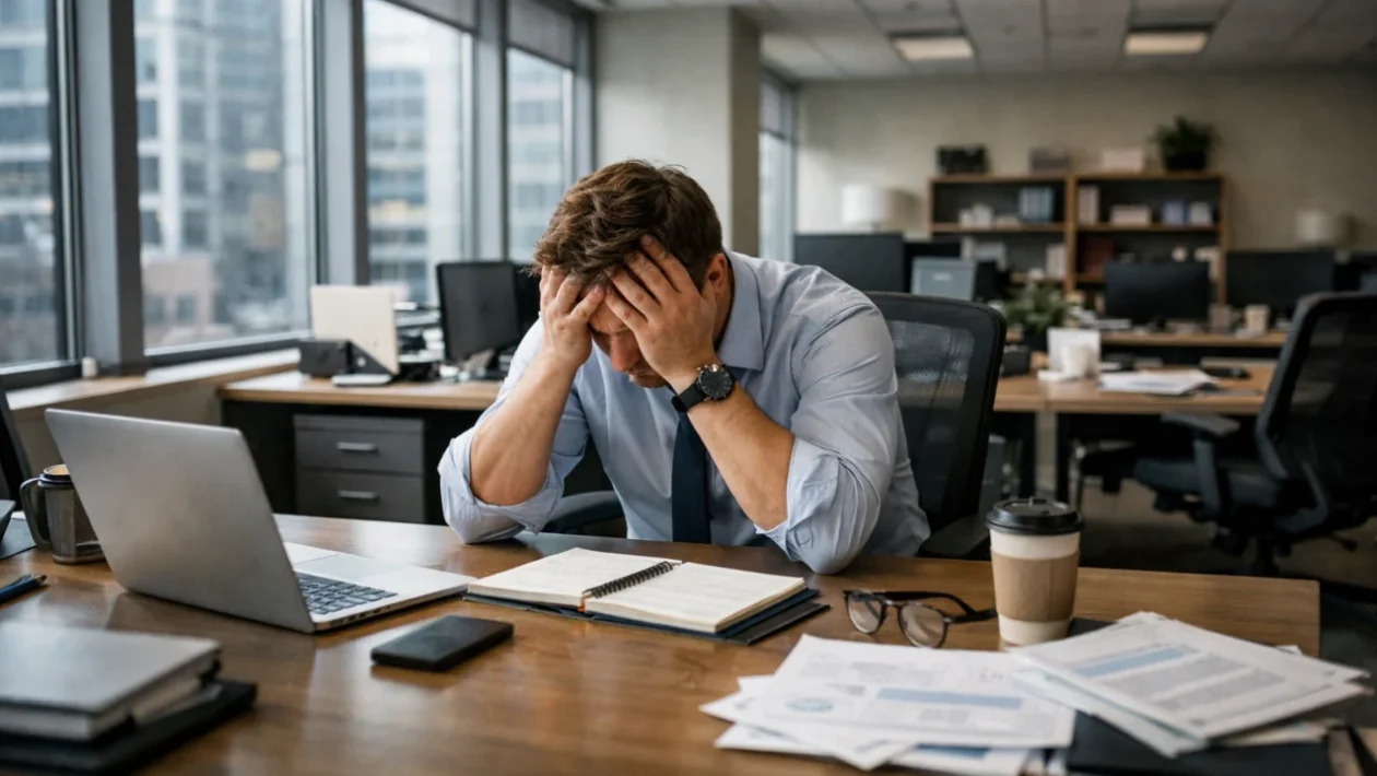 Zaposlenik iscrpljen na radnom mjestu kao simbol burnout sindroma