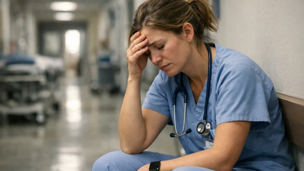 Medicinska sestra iscrpljena nakon dugotrajnog rada pod stresom