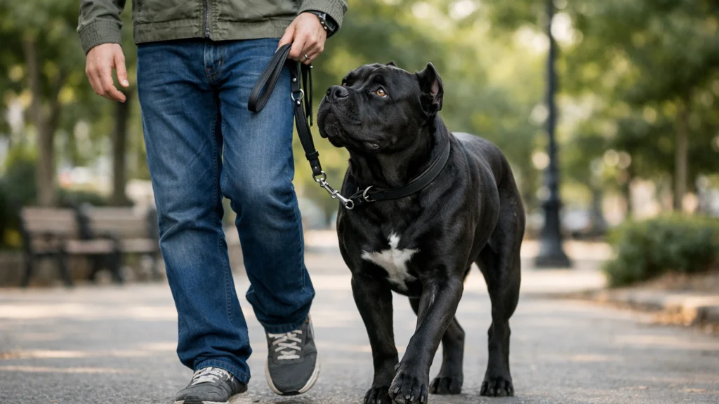 Cane corso u šetnji mirno hoda uz vlasnika i pokazuje poslušnost