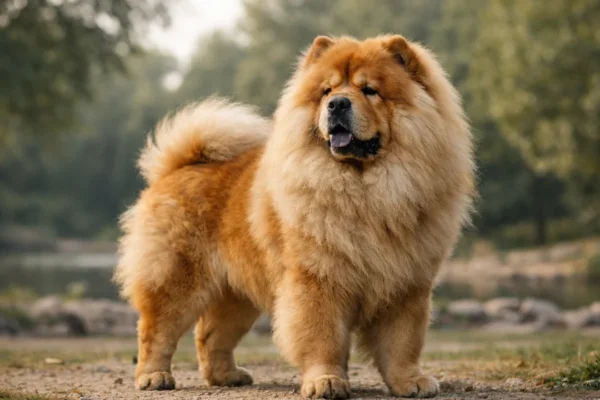 Chow chow pas s lavljim izgledom i gustim krznom u prirodnom okruženju