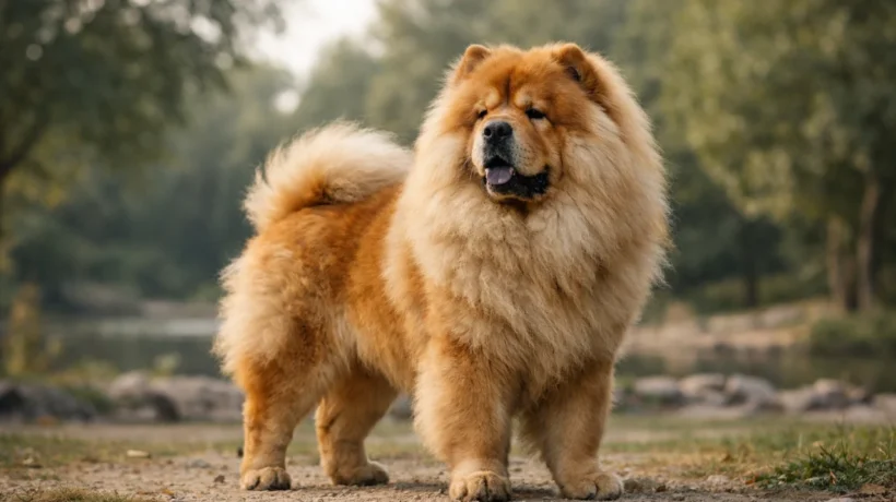 Chow chow pas s lavljim izgledom i gustim krznom u prirodnom okruženju