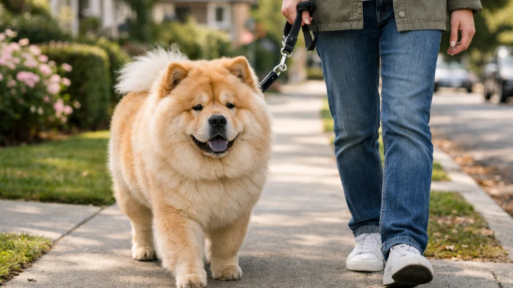 Chow chow u umjerenoj šetnji prilagođenoj mirnom načinu života