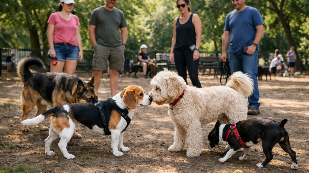 Pas u parku s drugim psima gdje cijepljenje smanjuje rizik od zaraznih bolesti