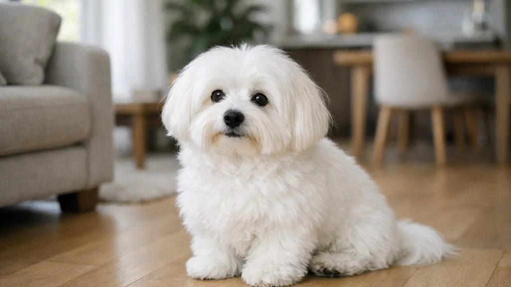 Coton de Tulear u stanu pokazuje miran i prilagodljiv karakter
