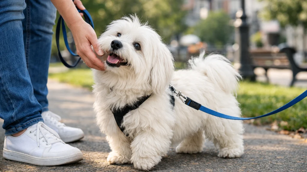 Coton de Tulear u šetnji s vlasnikom – poslušan i znatiželjan pas