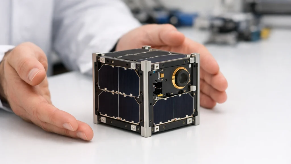 Standardni Cubesat model u laboratoriju koji prikazuje dimenzije 1U