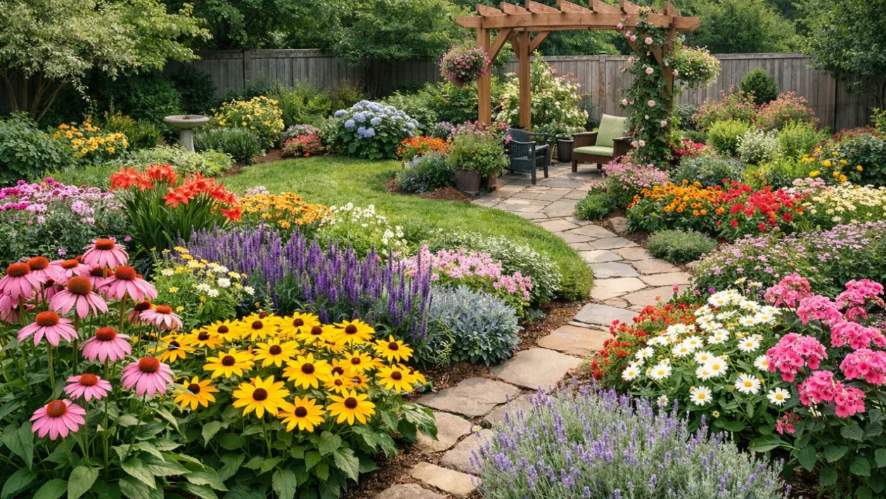 Uređen cvjetnjak u dvorištu s raznobojnim cvijećem i zdravim biljkama