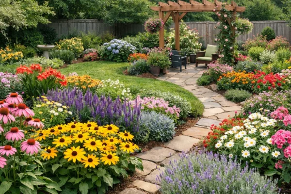 Uređen cvjetnjak u dvorištu s raznobojnim cvijećem i zdravim biljkama