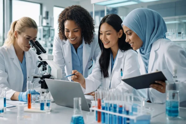 Žene znanstvenice u modernom laboratoriju simboliziraju Dan žena i djevojaka u znanosti i važnost ravnopravnosti u STEM-u