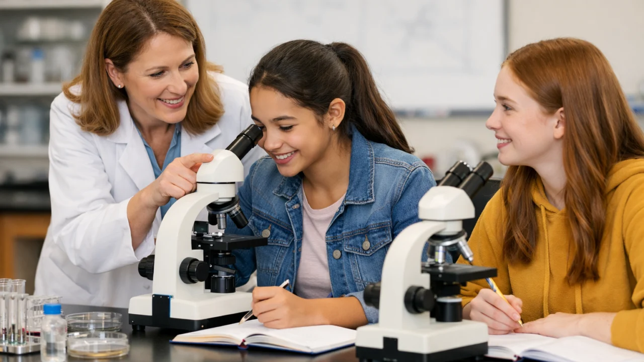 Mentorstvo u znanosti: znanstvenica s djevojkama na radionici koja potiče rani interes za STEM područja