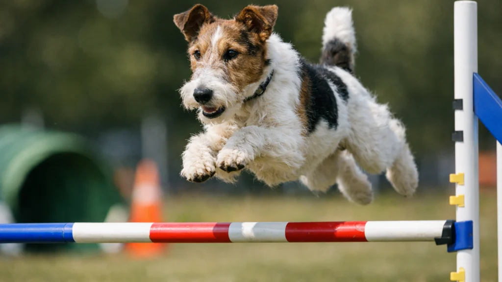 Fox terijer na agility treningu pokazuje brzinu i inteligenciju