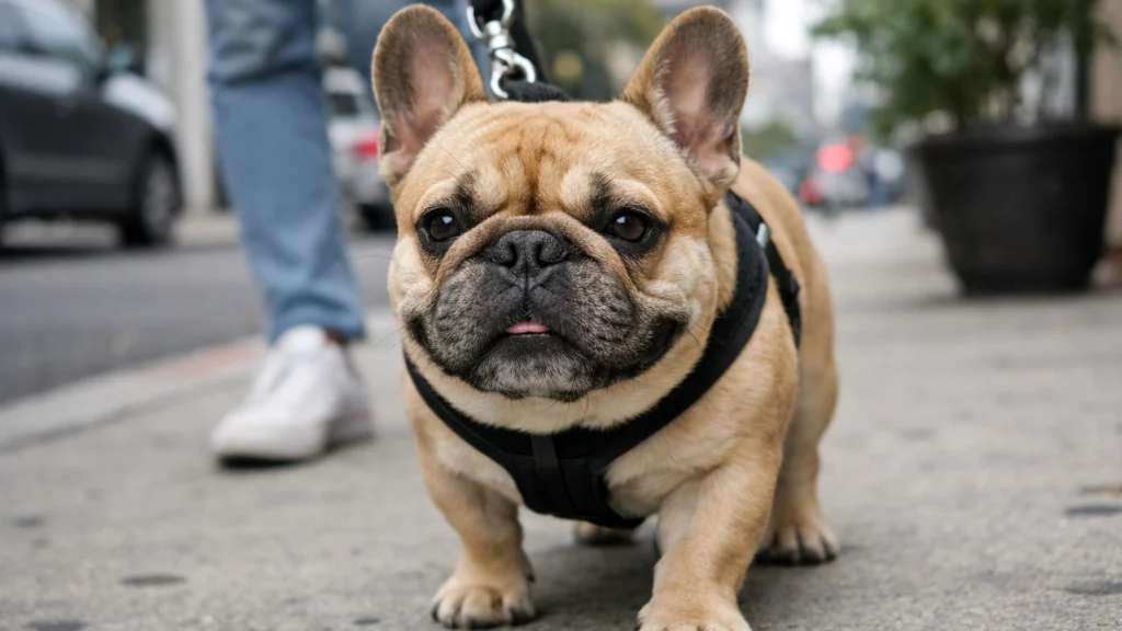 Francuski buldog u šetnji gradom s vlasnikom, miran pas kratke njuške